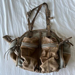 Beige canvas and leather handbag